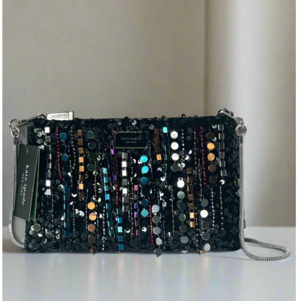 Kate Spade Nova Fringe Embellished Clutch Crossbody Black Chain Strap Rare Party